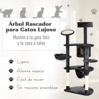 PawHut Árbol Rascador para Gatos Grande 65x50x155 cm Centro de Actividades para Mascotas con Postes Rascadores Tableros Caja Hamaca Canasta Sisal Peluche Gris Oscuro(m-4)
