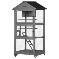 PawHut Bird Cage budgie cage Wooden Outdoor Aviary with Wheels  for Canary Finch with Asphalt Roof Perch Nest Ladder Slide-out Tray, Grey(m-11)