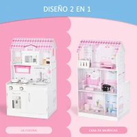 HOMCOM 2 en 1 Cocinita de Juguete para Niños con 12 Accesorios Casa de Muñecas 3 Pisos con Espacio de Almacenaje Incluidos Juego de Rol 60x48x106 cm Rosa(m-5)