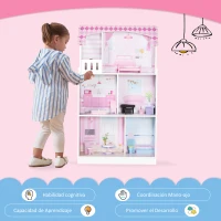HOMCOM 2 en 1 Cocinita de Juguete para Niños con 12 Accesorios Casa de Muñecas 3 Pisos con Espacio de Almacenaje Incluidos Juego de Rol 60x48x106 cm Rosa(m-4)