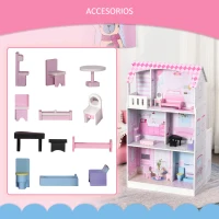 HOMCOM 2 en 1 Cocinita de Juguete para Niños con 12 Accesorios Casa de Muñecas 3 Pisos con Espacio de Almacenaje Incluidos Juego de Rol 60x48x106 cm Rosa(m-6)