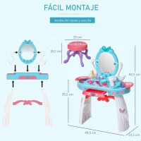 HOMCOM Tocador de Juguete para Niños +3 Años con  29 Piezas Taburete Función de Música Luces Centro de Belleza Infantil 49,5x23,5x69,5 cm Azul(m-5)