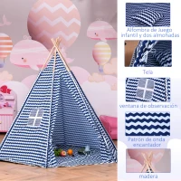 HOMCOM Tienda de Campaña para Niños Tipi Infantil Estilo Indio con Ventana Cubierta de Suelo y 2 Almohadas Bolsa de Tranporte Interior y Exterior 200x200x170 cm Azul(m-5)