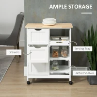 HOMCOM Rolling Kitchen Island Cart, Bar Serving Cart, Compact Trolley on Wheels with Wood Top, Shelves & Drawers for Home Dining Area, White(m-4)