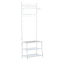 HOMCOM Garderobenständer Kleiderständer Garderobe mit 3 Schuhablagen 5 Haken Flur Stahl Weiß L60 x B35 x H175cm(m-1)