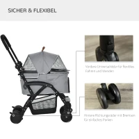 PawHut 2-in-1 Hundebuggy Transporttasche Katzenbuggy mit Universal Rad abnehmbar Abdeckung Oxford Grau+Schwarz 76,5 x 48 x 99 cm(m-6)