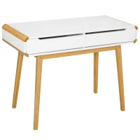 HOMCOM Schreibtisch Computertisch Bürotisch mit 2 Schubladen natürliches Design MDF Bambus Weiß+Natur 100 x 45 x 73 cm(m-1)