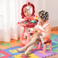 HOMCOM Kinderschminktisch mit Spiegel Hocker Frisiertisch mit reichhaltigem Zubehör 5 Musikstücke Licht für Mädchen ab 3 Jahre anti-rutsch platzsparend Kunststoff Weinrot+Rosa 57 x 29 cm x 70,5 cm(m-2)