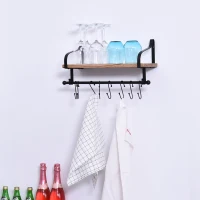 HOMCOM Wandregal Schweberegal Wandboard mit 8 Haken für Badezimmer, Küche und und Kochutensilien, Massivholz, Schwarz+Natur, 48 x 18,5 x 21 cm(m-2)