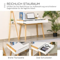 HOMCOM Schreibtisch Computertisch Bürotisch mit 2 Schubladen natürliches Design MDF Bambus Weiß+Natur 100 x 45 x 73 cm(m-5)