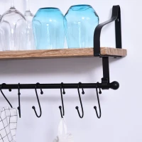 HOMCOM Wandregal Schweberegal Wandboard mit 8 Haken für Badezimmer, Küche und und Kochutensilien, Massivholz, Schwarz+Natur, 48 x 18,5 x 21 cm(m-8)