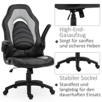 Vinsetto Gamingstuhl mit Wippfunktion höhenverstellbarer Bürostuhl ergonomischer Schreibtischstuhl Home-Office Schaumstoff Kunstleder Nylon Mesh Grau 64 x 68,5 x 117-127 cm(m-7)