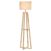 HOMCOM Stehlampe Stehleuchte mit Regal Pedal-Schalter modern und prägnant für Wohnzimmer Schlafzimmer Büro Metall Leinen Gummiholz Cremeweiß+Naturholz 40 x 40 x 149 cm(m-4)