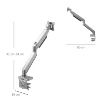 Uchwyt na monitor Vinsetto monitor biurkowy wspornik na monitor z regulacją wysokości przechylany w pionie i w poziomie obrotowy stop aluminium kolor srebrny 60 x 14 x 31-64 cm(m-3)