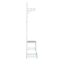 HOMCOM Garderobenständer Kleiderständer Garderobe mit 3 Schuhablagen 5 Haken Flur Stahl Weiß L60 x B35 x H175cm(m-6)