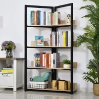 HOMCOM Bücherregal, 4-lagiges Design Wohnzimmerregal, Standregal, Spielzeugregal mit Anti-Kippvorrichtung, Melaminoberfläche, E1-Spanplatte+Stahl, Schwarz+Eichefarbe, 90 x 39 x 160 cm(m-2)