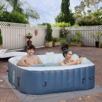 Outsunny Whirlpool für 2-4 Personen Heizung Bubble Spa 910L Inkl. Abdeckung In- & Outdoor Weiß+Blau 185 x 185 x 65 cm(m-2)