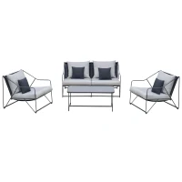 Outsunny Gartengarnitur für 4 Personen Gartenmöbel-Set mit Couchtisch Sofa mit Kissen Outdoor Metall Grau+Schwarz(m-1)