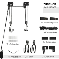 HOMCOM Kajak Lift Decken Lift Fahrrad-Bike Lift Aufbewahrungssystem für Kanus bis 50 kg Deckenhalterung Mehrzweck Stahl PP Schwarz 12,3 x 16 cm(m-6)