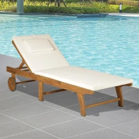 Outsunny Gartenliege Sonnenliege Liegestuhl Gartenmöbel klappbar verstellbar Akazienholz Natur+Weiß L197 x B72 x H(34–84) cm(m-2)