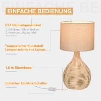 HOMCOM Tischlampe Tischleuchte E27-Fassung Nachttischlampe 40 W Rattan Leinen Stahl Beige 22 x 22 x 40 cm(m-6)