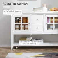 HOMCOM Küchenschrank Sideboard Aufbewahrungsschrank elegant mit zwei Glastürschränke offenes Regal zwei Schubladen Anti-Kipp-Design für Esszimmer Wohnzimmer MDF Kiefernholz Weiß 132 x 38 x 89 cm(m-5)