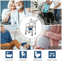 HOMCOM Toilettenrollstuhl, Kommodenstuhl mit Armlehne und Rückenlehne, Nachtstuhl mit Rollen, Duschstuhl, Mobilitätshilfe, Aluminium, Weiß, 88 x 54 x 94 cm(m-6)