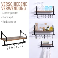 HOMCOM Wandregal Schweberegal Wandboard mit 8 Haken für Badezimmer, Küche und und Kochutensilien, Massivholz, Schwarz+Natur, 48 x 18,5 x 21 cm(m-5)