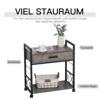 HOMCOM Stolik pomocniczy na kółkach z szufladą i półką, Wózek kuchenny, Stolik kawowy, Komoda mobilna, Szary, Płyta wiórowa, 60 x 30 x 65 cm(m-5)