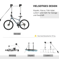 HOMCOM Kajak Lift Decken Lift Fahrrad-Bike Lift Aufbewahrungssystem für Kanus bis 50 kg Deckenhalterung Mehrzweck Stahl PP Schwarz 12,3 x 16 cm(m-5)