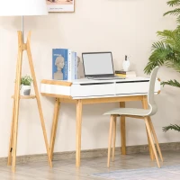 HOMCOM Schreibtisch Computertisch Bürotisch mit 2 Schubladen natürliches Design MDF Bambus Weiß+Natur 100 x 45 x 73 cm(m-2)