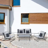 Outsunny Gartengarnitur für 4 Personen Gartenmöbel-Set mit Couchtisch Sofa mit Kissen Outdoor Metall Grau+Schwarz(m-2)