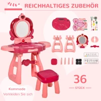 HOMCOM Kinderschminktisch mit Spiegel Hocker Frisiertisch mit reichhaltigem Zubehör 5 Musikstücke Licht für Mädchen ab 3 Jahre anti-rutsch platzsparend Kunststoff Weinrot+Rosa 57 x 29 cm x 70,5 cm(m-4)