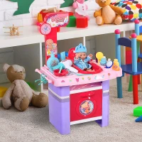 HOMCOM 2-Set Kinderschminktisch Frisiertisch Frisierkommode mit Hocker Musik Licht Mädchen Kosmetik Spiegel Infrarotsensor Rosa+Weiß 44x28x67 cm(m-2)