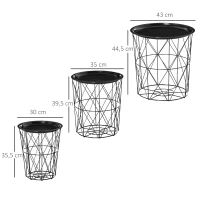 HOMCOM set van 3 bijzettafel met opbergruimte nachtkastje decoratieve salontafel met afneembaar deksel mandtafel koffietafel staal zwart Ø 43 x 44,5 cm / Ø 35 x 39,5 cm / Ø 30 x 35,5 cm(m-3)