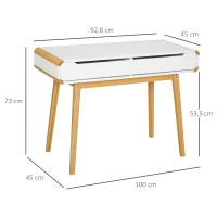 HOMCOM Schreibtisch Computertisch Bürotisch mit 2 Schubladen natürliches Design MDF Bambus Weiß+Natur 100 x 45 x 73 cm(m-3)