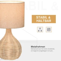 HOMCOM Tischlampe Tischleuchte E27-Fassung Nachttischlampe 40 W Rattan Leinen Stahl Beige 22 x 22 x 40 cm(m-5)