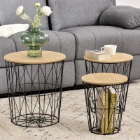 HOMCOM salontafel bijzettafel 3-delig nachtkastje tafelset woonkamer slaapkamer metaal MDF natuurlijk hout + zwart Ø 42 x 45 h cm(m-4)