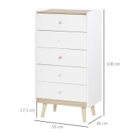 HOMCOM Kinder Kommode mit 5 Schubladen Griff Schubladenschrank für Kinder ab 3 Jahren Kinderschrank mit Antikippvorrichtung Kiefer MDF Weiß 55 x 36 x 108 cm(m-3)