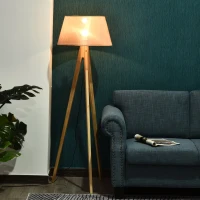 HOMCOM Stehlampe Tripod Schlafzimmer Standleuchte Stehleuchte 40 W Skandinavisch Holz + Leinen natur + beige 52 x 52 x 146 cm(m-2)