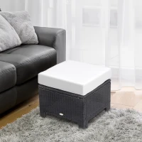 Outsunny Stołek z poduszką z technorattanu, stołek ogrodowy, taboret, stołek rattanowy, balkon, stołek do siedzenia, meble ogrodowe, kolor czarny + kremowobiały, 50 x 50 x 35 cm(m-2)