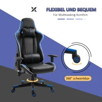 Vinsetto Gaming Stuhl mit Liegefunktion Bürostuhl Schreibtischstuhl mit Kopfstütze und Lendenkissen Griff verstellbar PVC Leder Blau+Schwarz 70 x 60 x 128-138 cm(m-7)