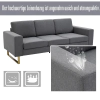 Homcom sofa 3-osobowa tapicerowana meble do siedzenia podłokietniki len ciemnoszary 200 x 82 x 78 cm(m-6)
