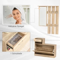 HOMCOM 3-in-1 Garderobenset Flurgaderobe mit Schuhschrank Garderobe, Wandspiegel, 6 Haken, Natur, 30,5 x 75,5 cm (Spiegel)(m-7)