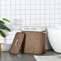 HOMCOM 100L kosz na pranie pojemnik na pranie organizator na pranie z 3 uchwytami wyjmowany bambus poliester bawełna metal brązowy + biały 52 x 32 x 63 cm(m-8)