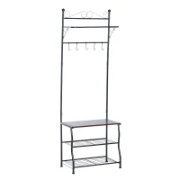 HOMCOM Garderobenständer Kleiderständer Garderobe mit 3 Schuhablagen 5 Haken Flur Stahl Schwarz L60 x B35 x H175cm(m-1)