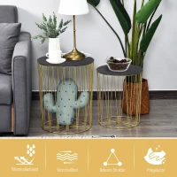 HOMCOM Beistelltisch mit Stauraum, 2er Set, Metall Korb mit Holzdeckel, Nachttisch, Gold, Ø40,7 x 49,5 cm, Ø33,8 x 40,8 cm(m-6)
