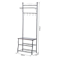 HOMCOM Garderobenständer Kleiderständer Garderobe mit 3 Schuhablagen 5 Haken Flur Stahl Schwarz L60 x B35 x H175cm(m-3)