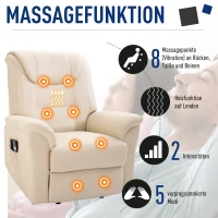 HOMCOM elektrischer Aufstehsessel Massagesessel mit Vibrierendemassage Heizfunktion Sessel mit Aufstehhilfe relaxsessel mit Fernbedienung PU-Leder Cremeweiß 93 x 95 x 106 cm(m-5)