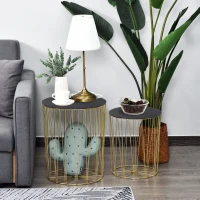 HOMCOM Beistelltisch mit Stauraum, 2er Set, Metall Korb mit Holzdeckel, Nachttisch, Gold, Ø40,7 x 49,5 cm, Ø33,8 x 40,8 cm(m-2)